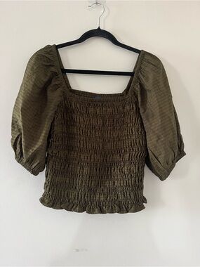 Old Navy Olive Green Smocked Puff Sleeve Peasant Top Small Cottagecore Earthy